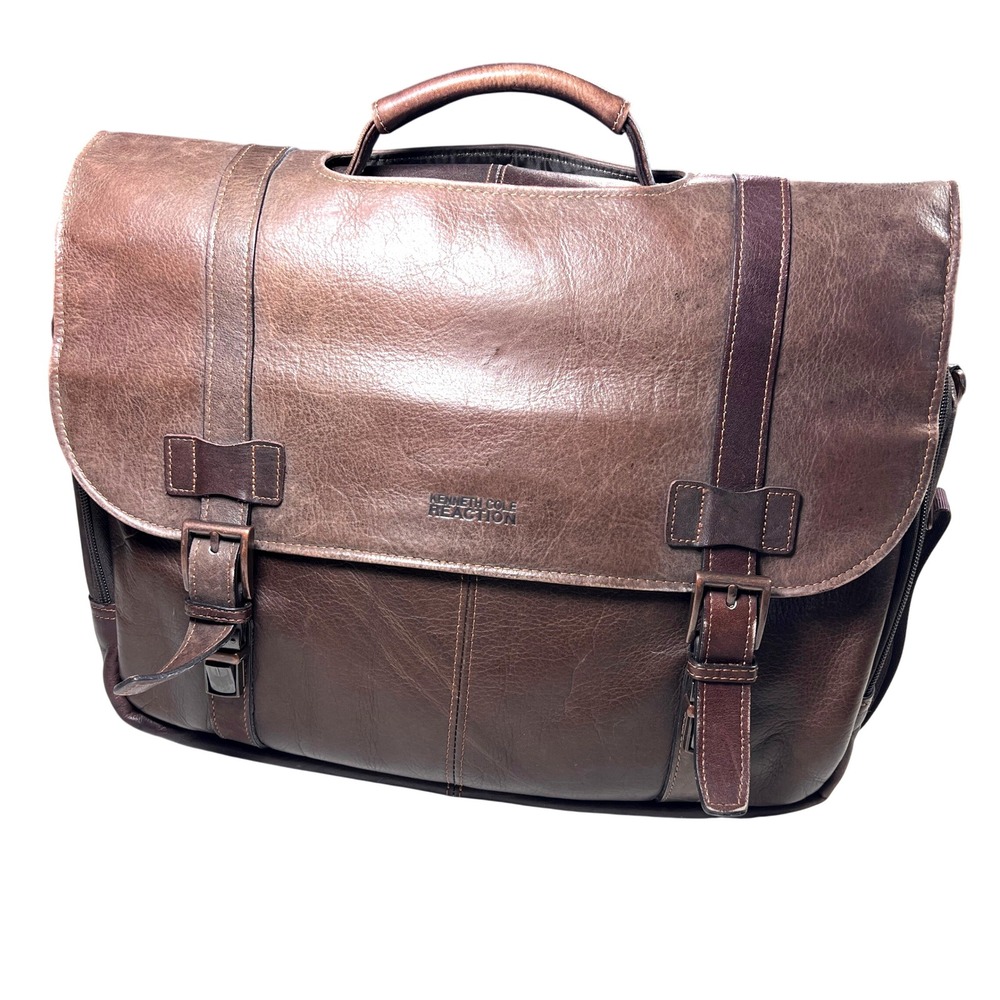 Kenneth Cole Reaction Messenger Bag Mens OS Brown Leather Laptop Briefcase Bag